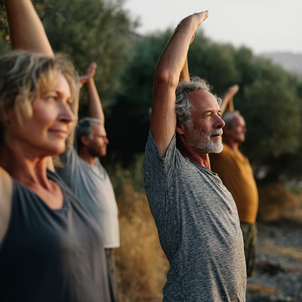 Middle-aged adults practicing gentle mobility exercises in natural outdoor setting