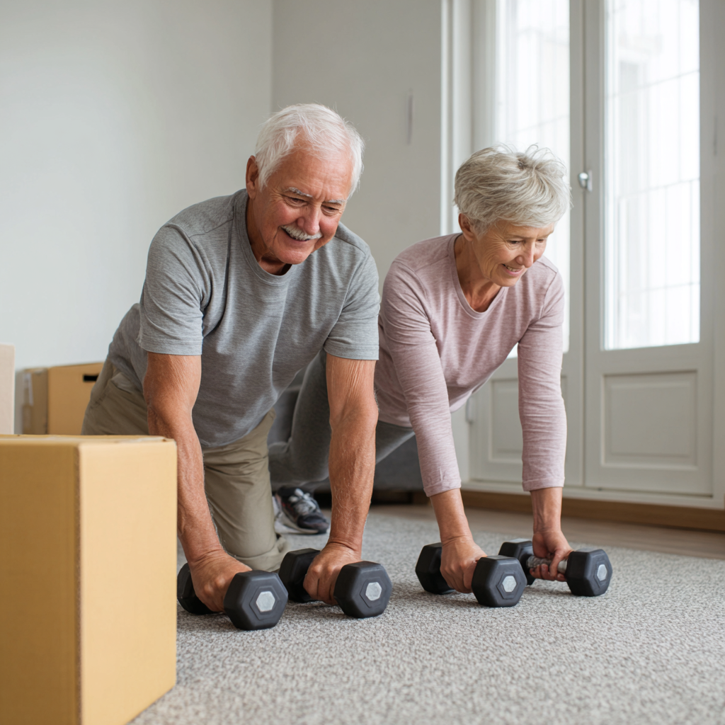 Older adults setting up simple exercise equipment at home for joint-friendly movement